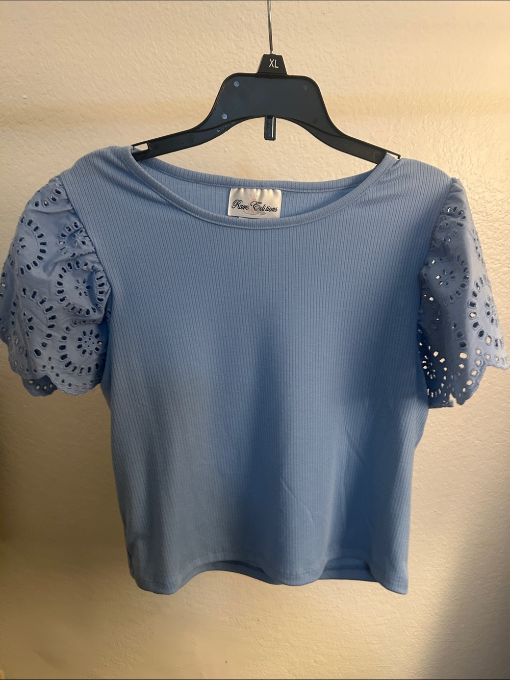 Rare Editions Light Blue Ribbed Tee with Eyelet Puff Sleeves